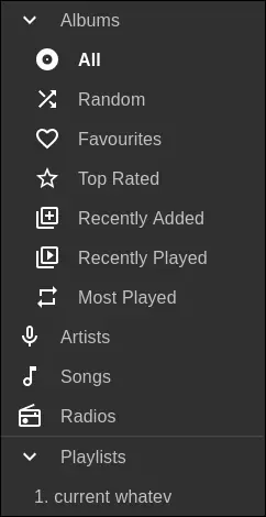 a screenshot of Navidrome's menu, listing 'albums' with 6 subsections (random, favourites, top rated, recently added, recently played, and most played), followed by artists, songs, radios which do not have their own subsections. Playlists followed which lists each playlist individually (to a max # set in configuration options)