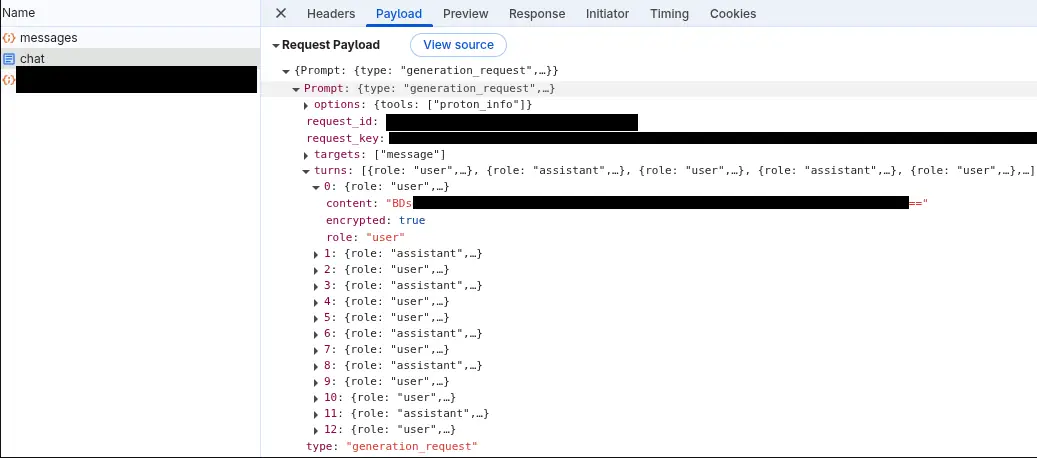 Screenshot of an internet browser's network tab inspecting the payload sent to Lumo. The contents of the message is encrypted.