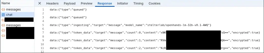 Screenshot of an internet browser's network tab inspecting the response received from Lumo. The contents of each token are encrypted. 