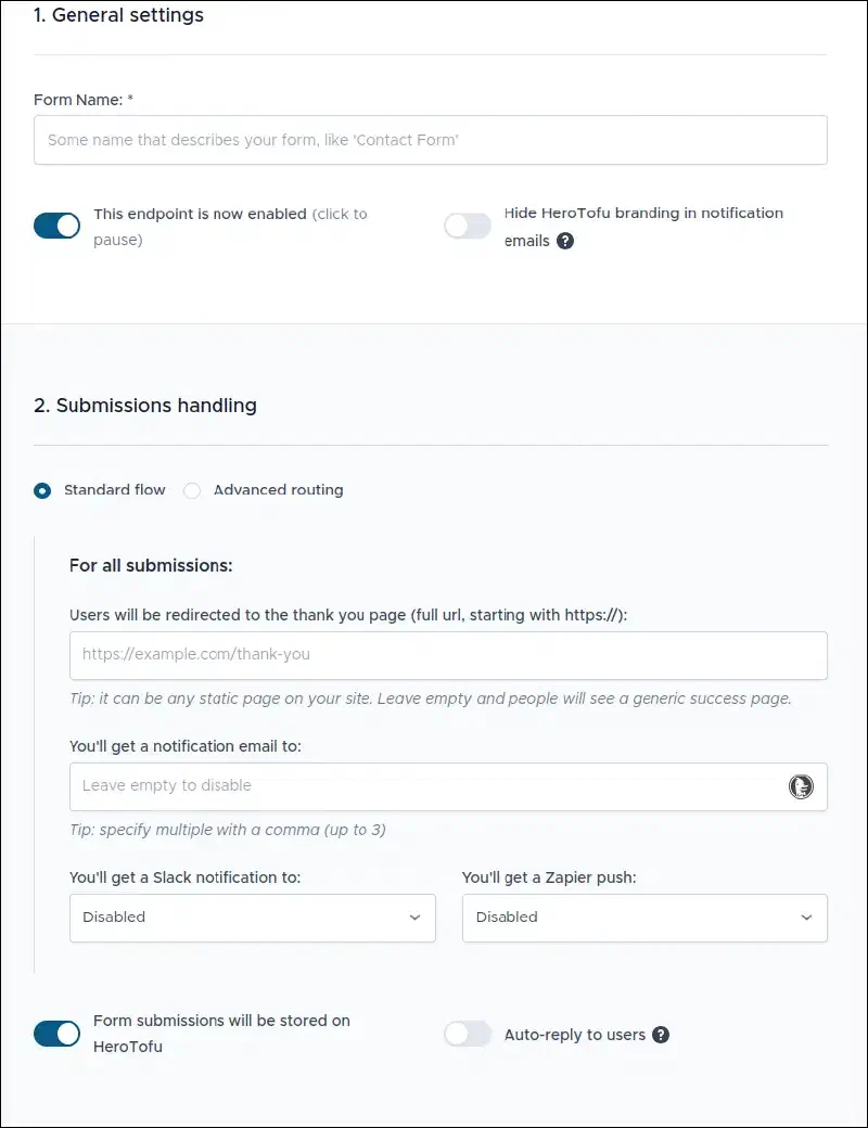 Screenshot of HeroTofu’s service showing the Form’s General settings and Submission handling.