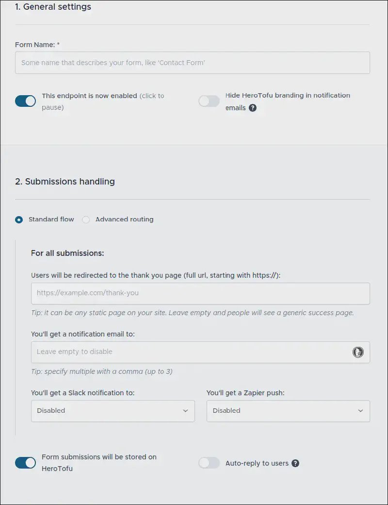 Screenshot of HeroTofu’s service showing the Form’s General settings and Submission handling.