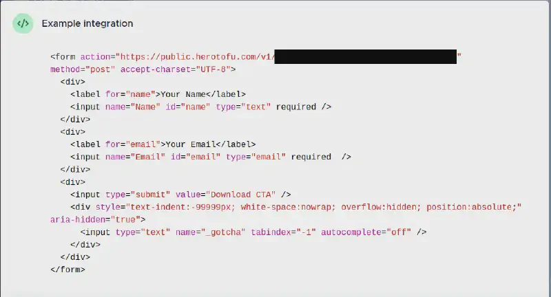 Screenshot of the HeroTofu Form Endpoint’s example code, which shows the form action needed to integrate into your site