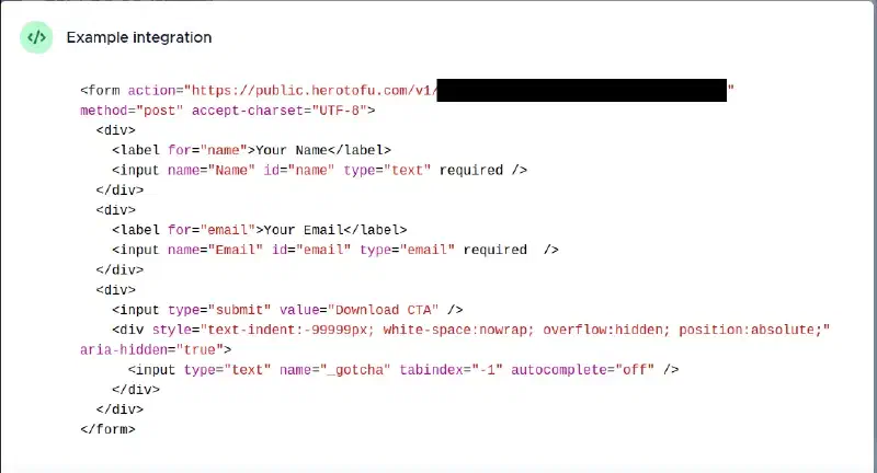 Screenshot of the HeroTofu Form Endpoint’s example code, which shows the form action needed to integrate into your site
