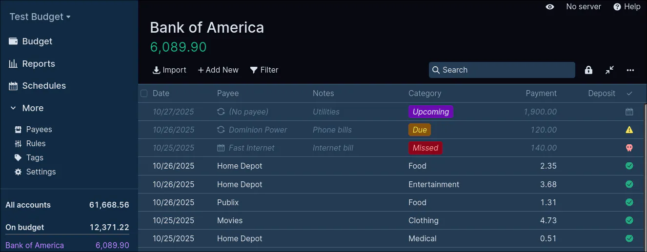 Screenshot of Actual Budget showing several schedules in-line with a bank ledger. It shows 1 Missed payment, 1 due payment, and 1 upcoming payment.