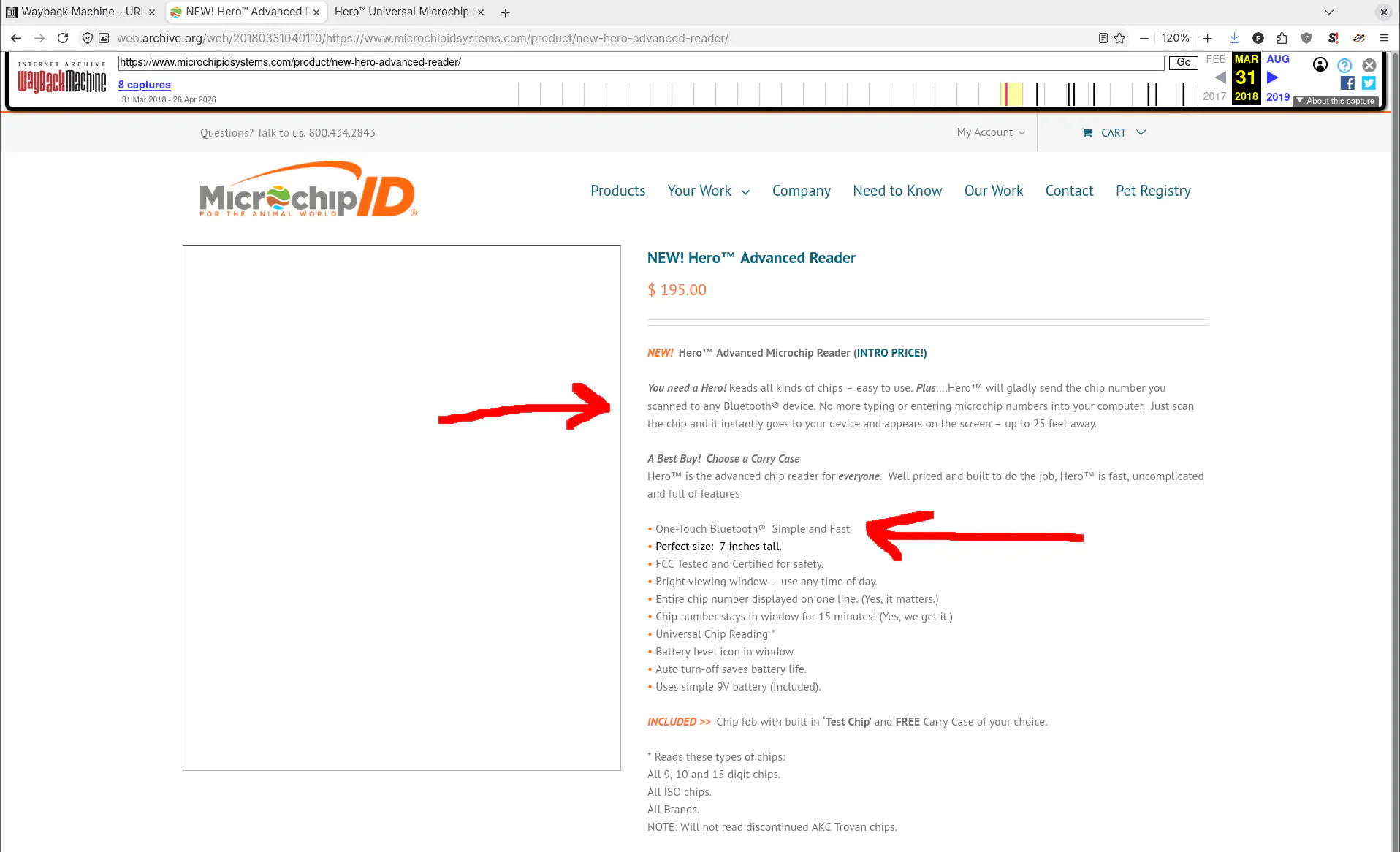 Screenshot of the wayback machine showing a 2018 snapshot of the hero product page with bluetooth listed as a feature