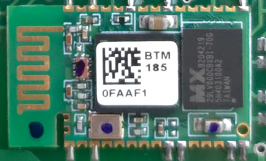 the BTM-185 module is shown with the product ID sticker on it, but there is not an FCC ID shown on the sticker or elsewhere on product